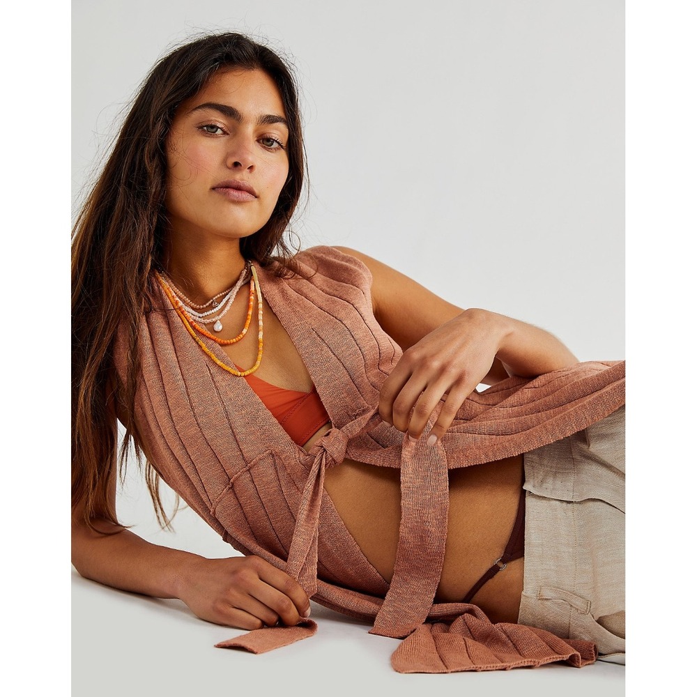 Free People Beach Jackson Sweater Ribbed Knit Vest Medium Boho Pink Tie Longline